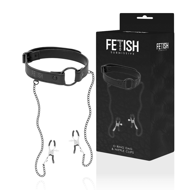 FETISH SUBMISSIVE RING GAG WITH NIPPLE CLAMPS